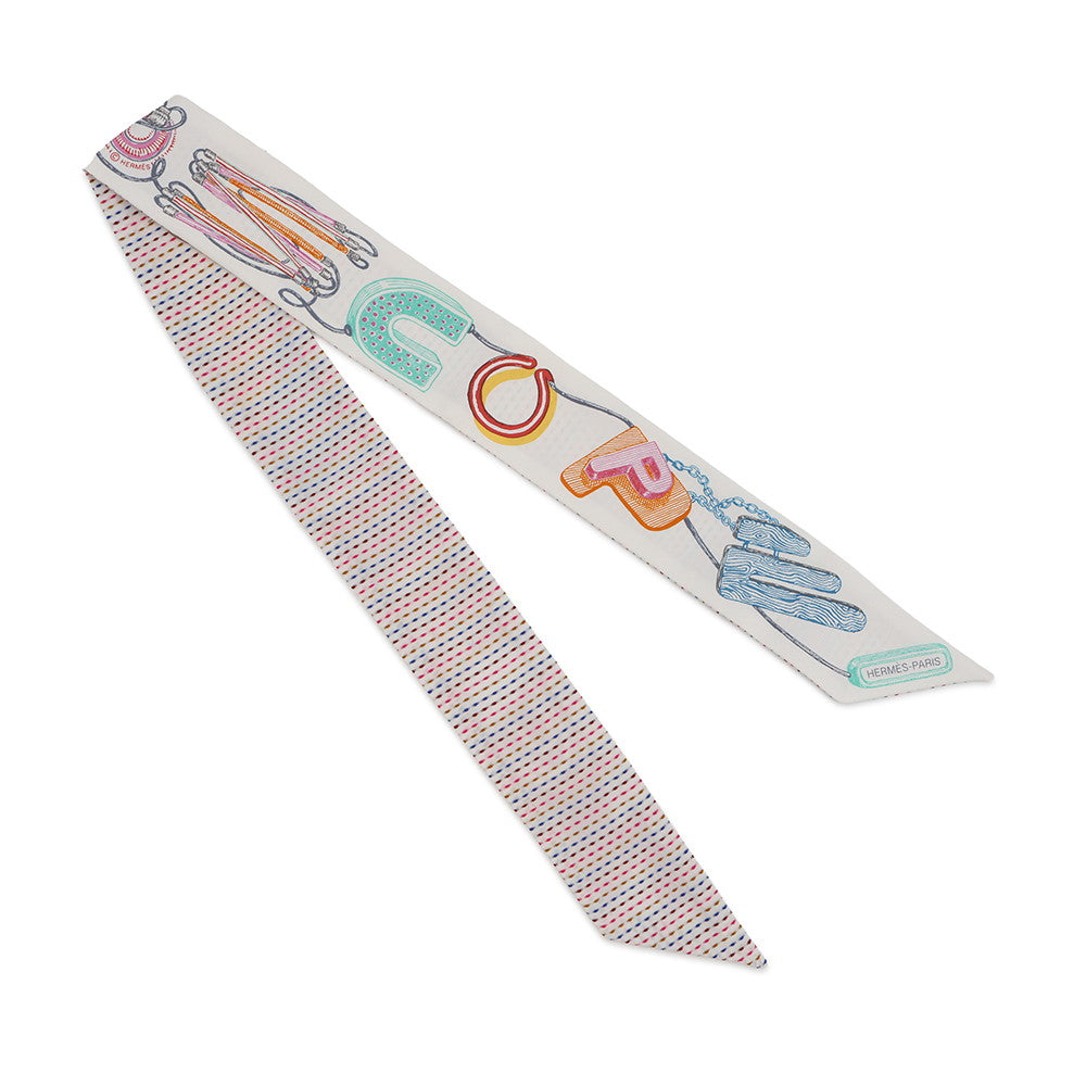 HERMES Twilly Chevaloscope Neon Pointier Embroidery Spring/Summer 2023 Blanc/Rose/Vert Silk100%