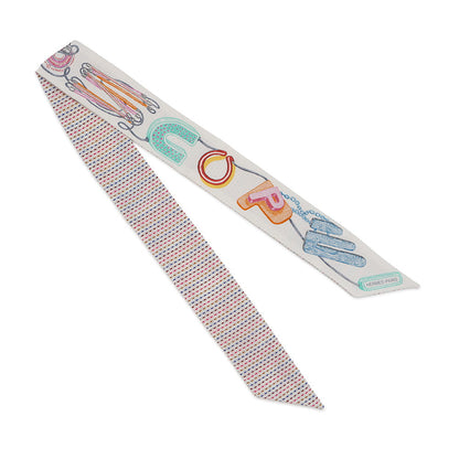 HERMES Twilly Chevaloscope Neon Pointier Embroidery Spring/Summer 2023 Blanc/Rose/Vert Silk100%