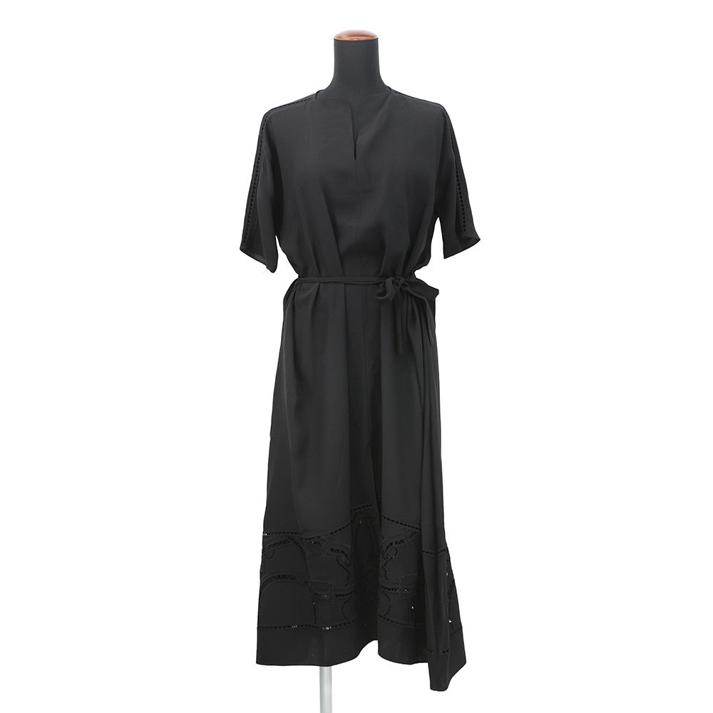 HERMES Embroidery Long Dress Size 34 Black Silk100%