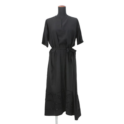 HERMES Embroidery Long Dress Size 34 Black Silk100%