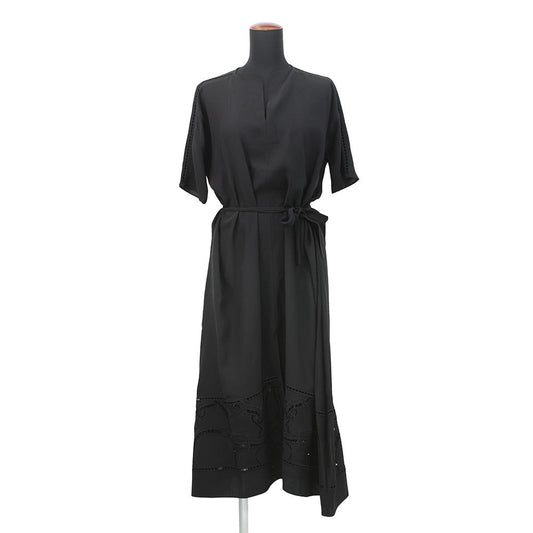 HERMES Embroidery Long Dress Size 34 Black Silk100%
