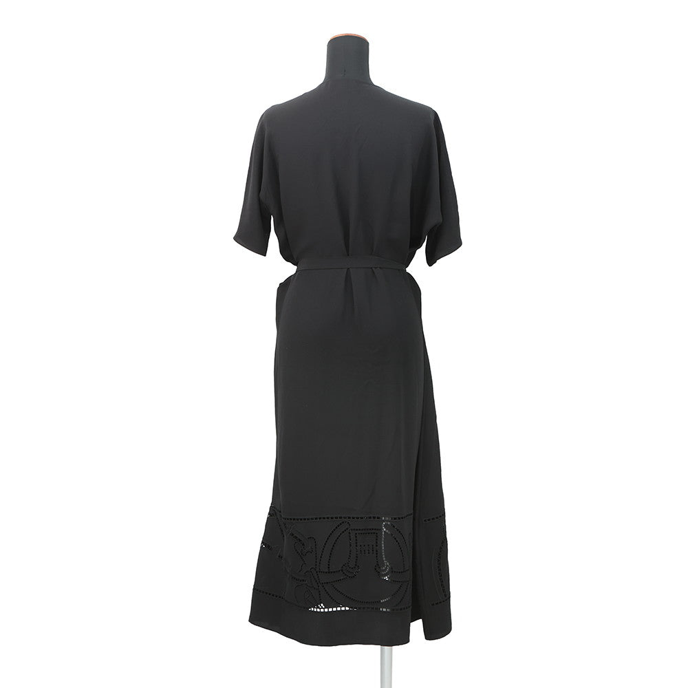 HERMES Embroidery Long Dress Size 34 Black Silk100%