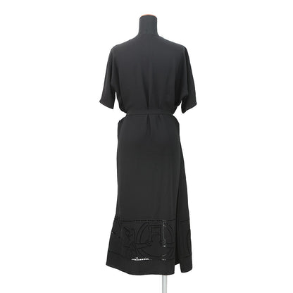 HERMES Embroidery Long Dress Size 34 Black Silk100%