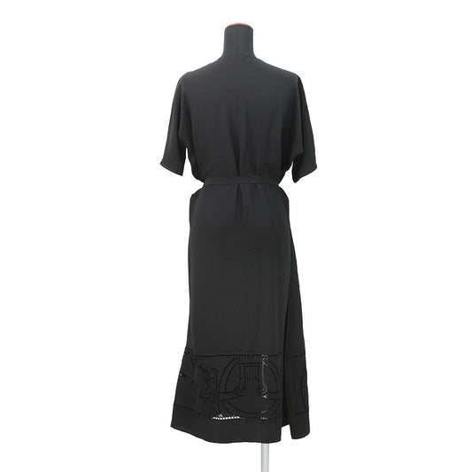 HERMES Embroidery Long Dress Size 34 Black Silk100%
