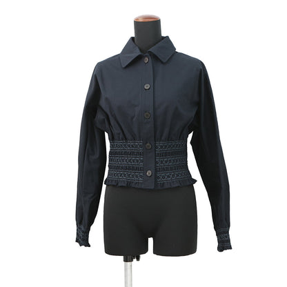 HERMES Veste taille brodee a smocks shirt jacket Size 34 Navy Cotton