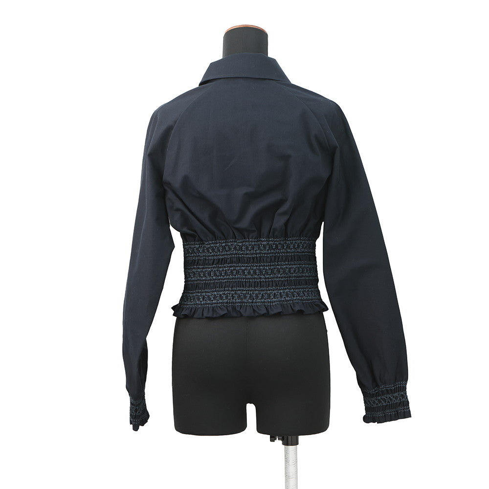 HERMES Veste taille brodee a smocks shirt jacket Size 34 Navy Cotton