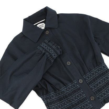 HERMES Veste taille brodee a smocks shirt jacket Size 34 Navy Cotton