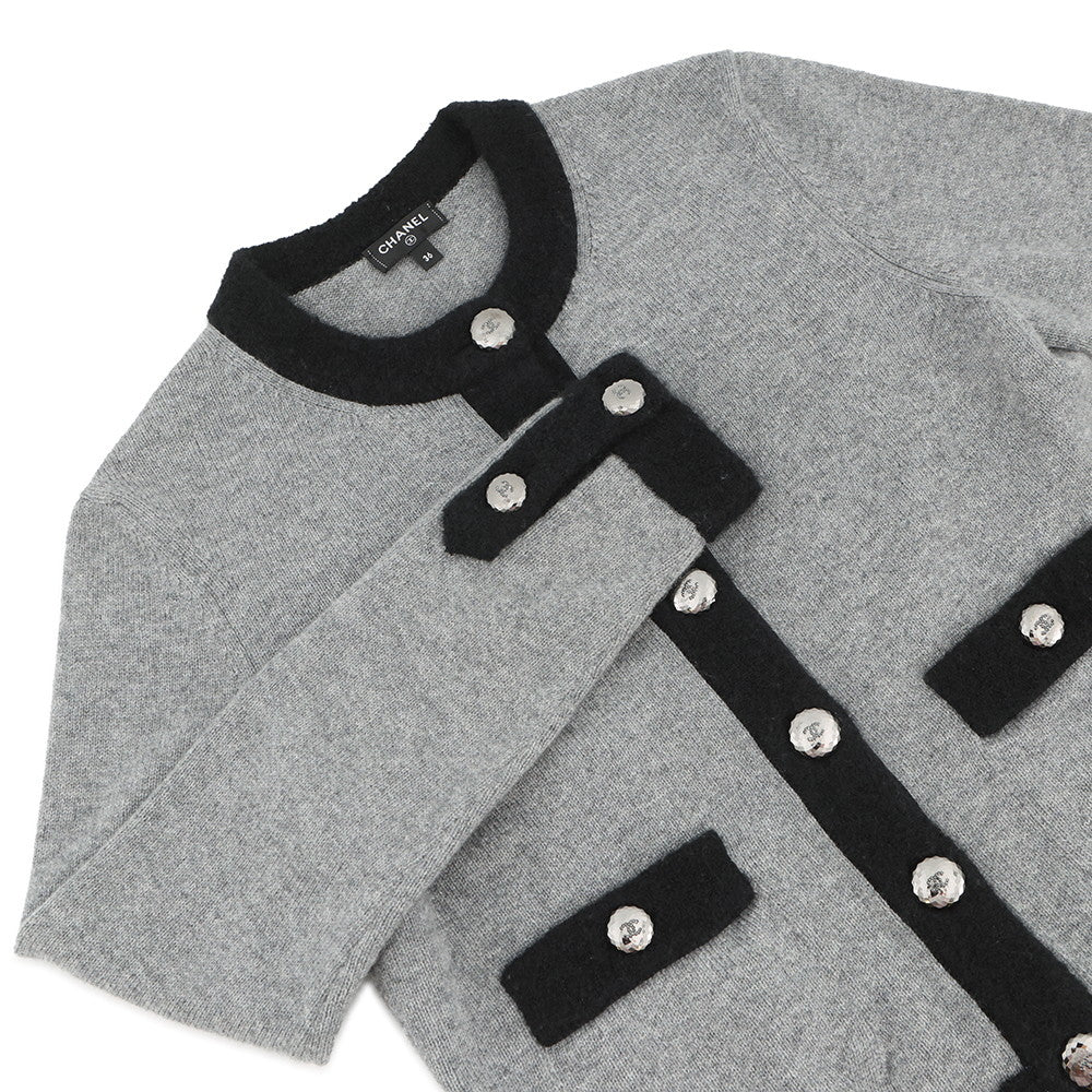 CHANEL COCO Button cardigan Size 36 Gray/BlackP71355 K10217 NE807 Cashmere100% Rhinestone