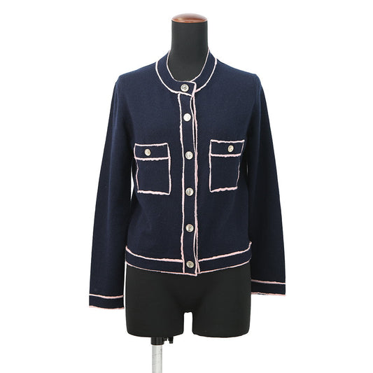 CHANEL No5Button Collarless Cardigan Size 36 NavyP70793 K10084 NC238 Cashmere100%