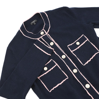 CHANEL No5Button Collarless Cardigan Size 36 NavyP70793 K10084 NC238 Cashmere100%