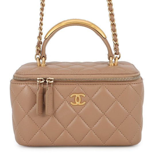 CHANEL Matelasse Top Handle Chain Vanity Bag BeigeAP2199 Lambskin
