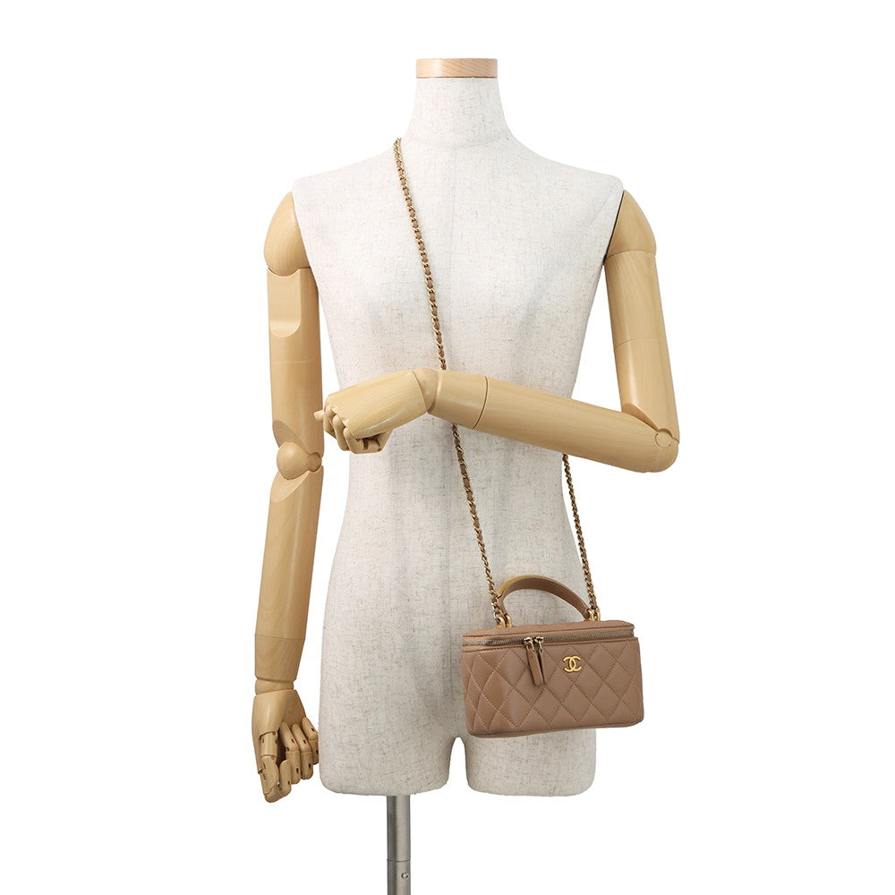 CHANEL Matelasse Top Handle Chain Vanity Bag BeigeAP2199 Lambskin