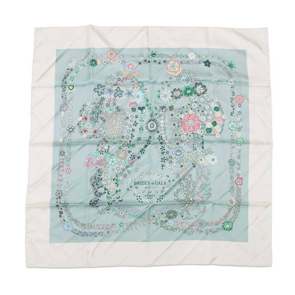 HERMES Carre Brides de Gala en fleurs Size 90 White/Blue・Glacier/Green Silk100%