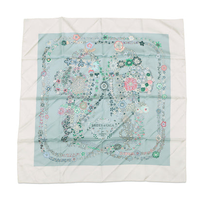 HERMES Carre Brides de Gala en fleurs Size 90 White/Blue・Glacier/Green Silk100%