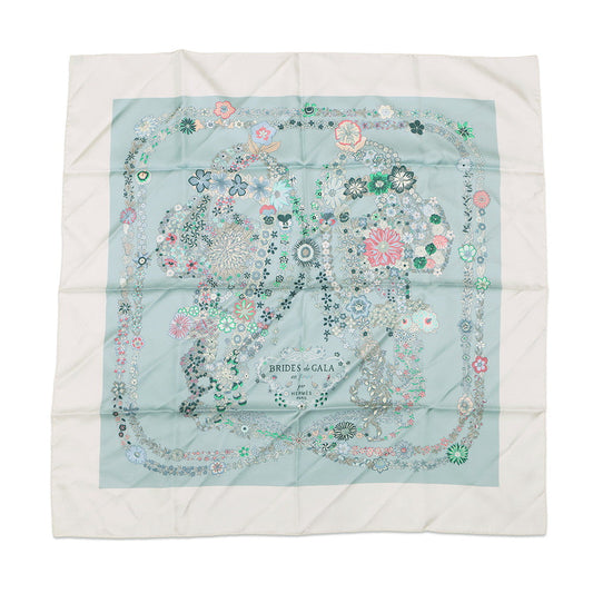 HERMES Carre Brides de Gala en fleurs Size 90 White/Blue・Glacier/Green Silk100%