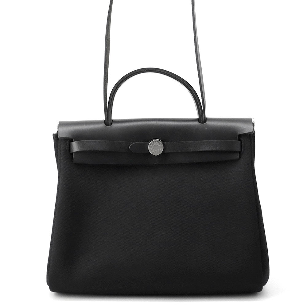 HERMES HERMES Her Zip Black Toile Military Vache Hunter Leather Size PM