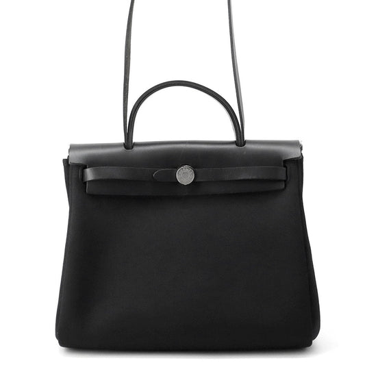 HERMES HERMES Her Zip Black Toile Military Vache Hunter Leather Size PM