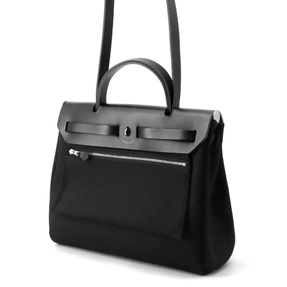 HERMES HERMES Her Zip Black Toile Military Vache Hunter Leather Size PM