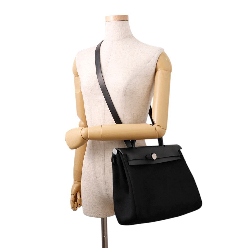 HERMES HERMES Her Zip Black Toile Military Vache Hunter Leather Size PM