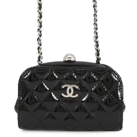 CHANEL Matelasse Kiss Lock ChainShoulder Bag Black Patent Leather Leather