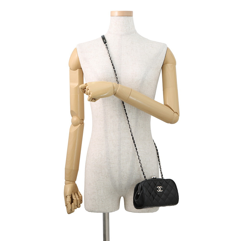 CHANEL Matelasse Kiss Lock ChainShoulder Bag Black Patent Leather Leather
