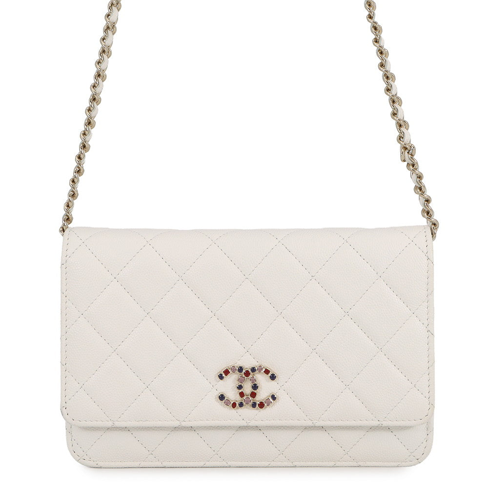 CHANEL CC Logo Chain Wallet White Caviar Leather