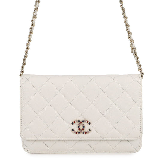CHANEL CC Logo Chain Wallet White Caviar Leather