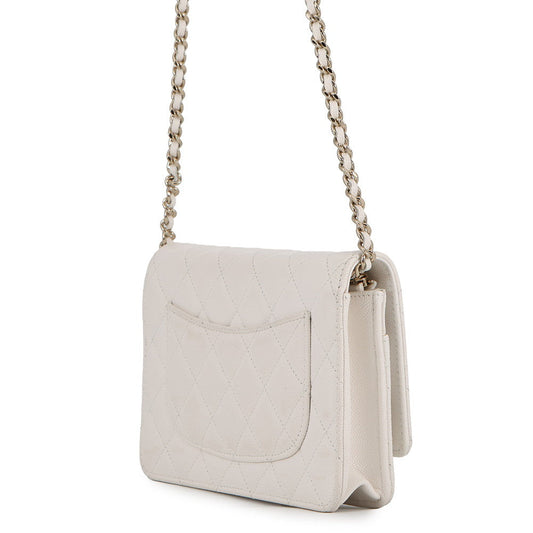 CHANEL CC Logo Chain Wallet White Caviar Leather