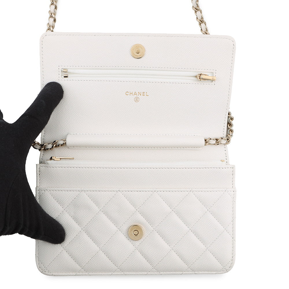 CHANEL CC Logo Chain Wallet White Caviar Leather