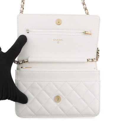 CHANEL CC Logo Chain Wallet White Caviar Leather