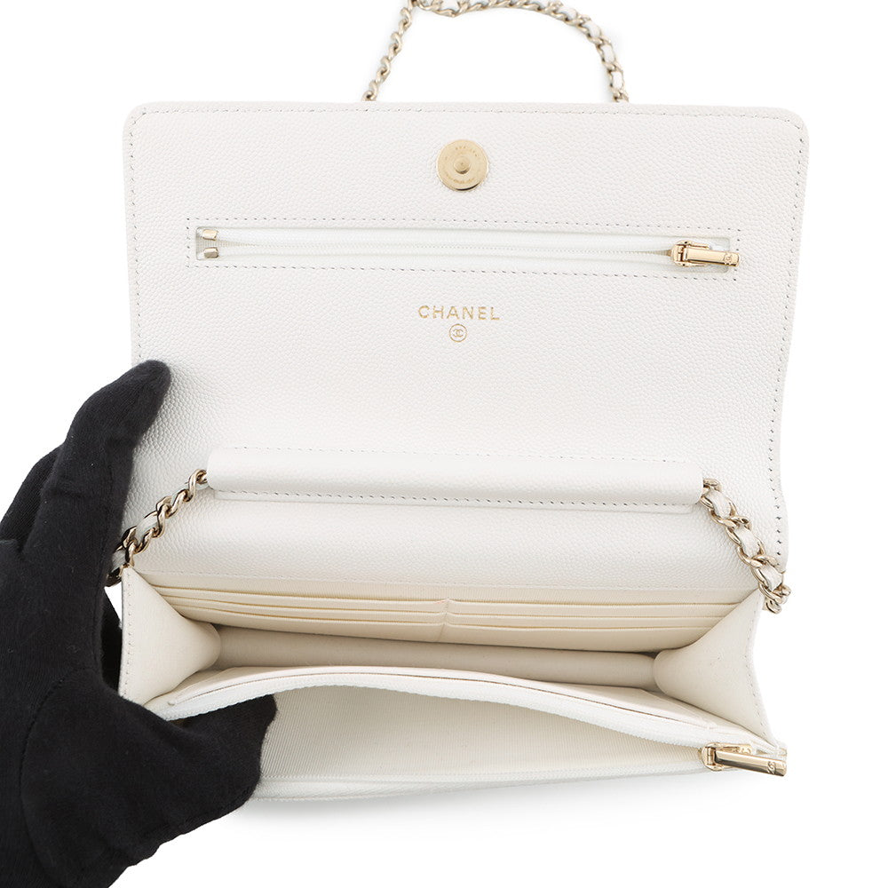 CHANEL CC Logo Chain Wallet White Caviar Leather