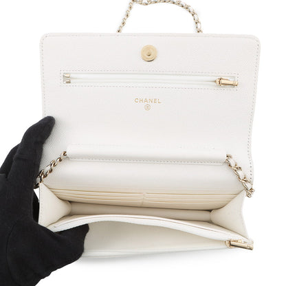 CHANEL CC Logo Chain Wallet White Caviar Leather