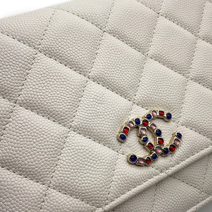 CHANEL CC Logo Chain Wallet White Caviar Leather