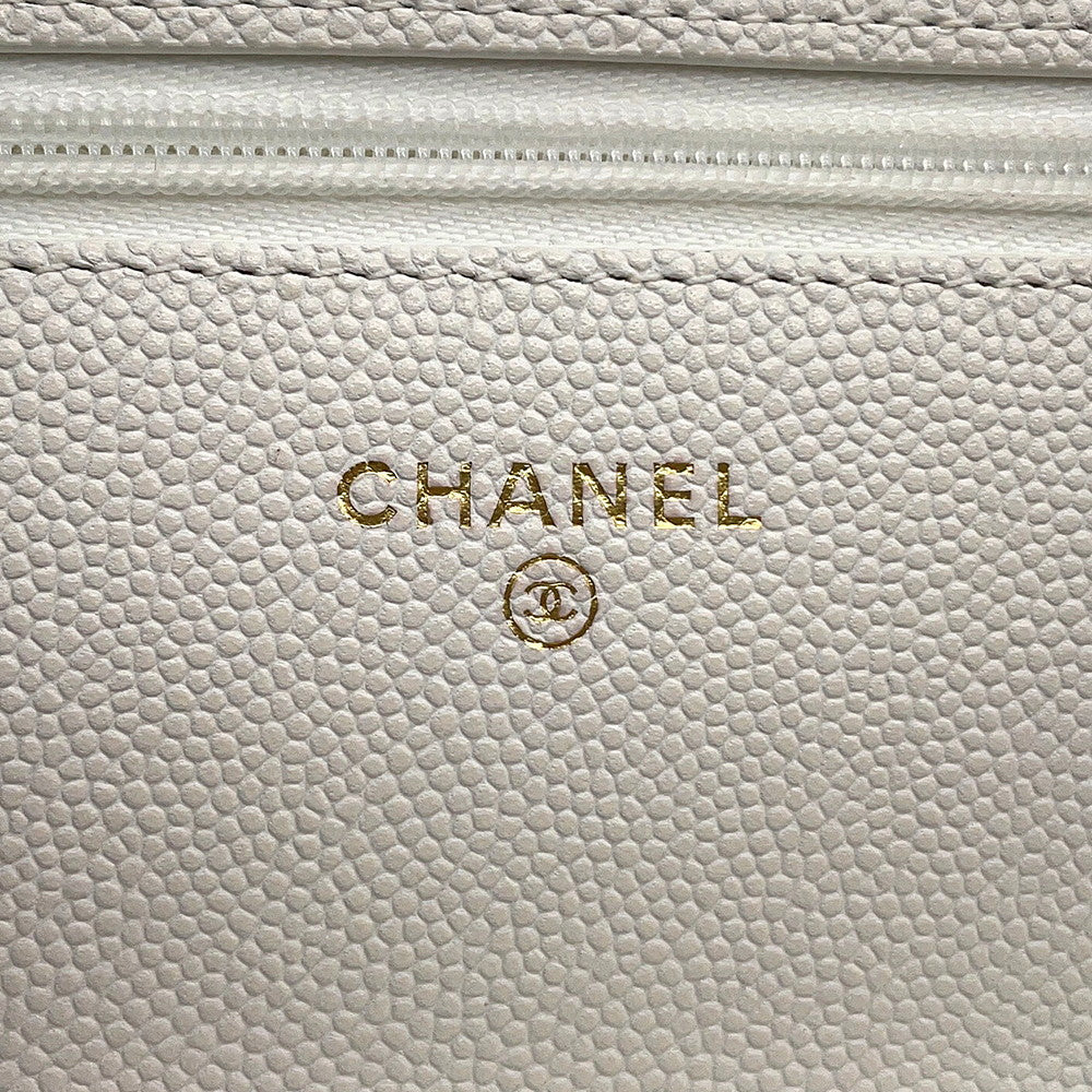 CHANEL CC Logo Chain Wallet White Caviar Leather