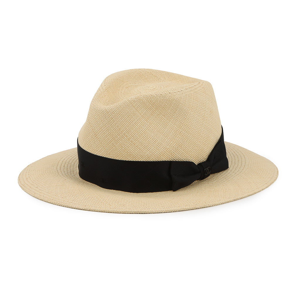 CHANEL CC Logo Ribbon Straw Hat Size M Beige/Black Straw100%