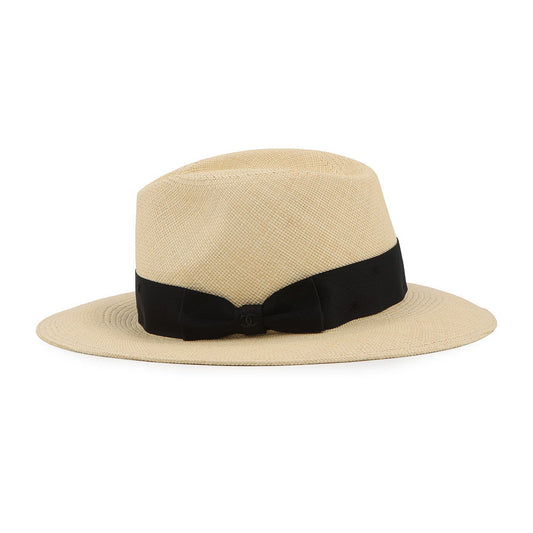 CHANEL CC Logo Ribbon Straw Hat Size M Beige/Black Straw100%