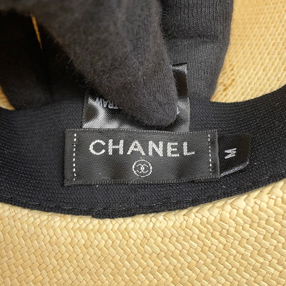 CHANEL CC Logo Ribbon Straw Hat Size M Beige/Black Straw100%
