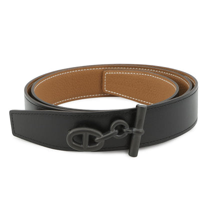 HERMES Yachting Belt Size 95/1.3" Black/Gold Box Calf Leather Epsom