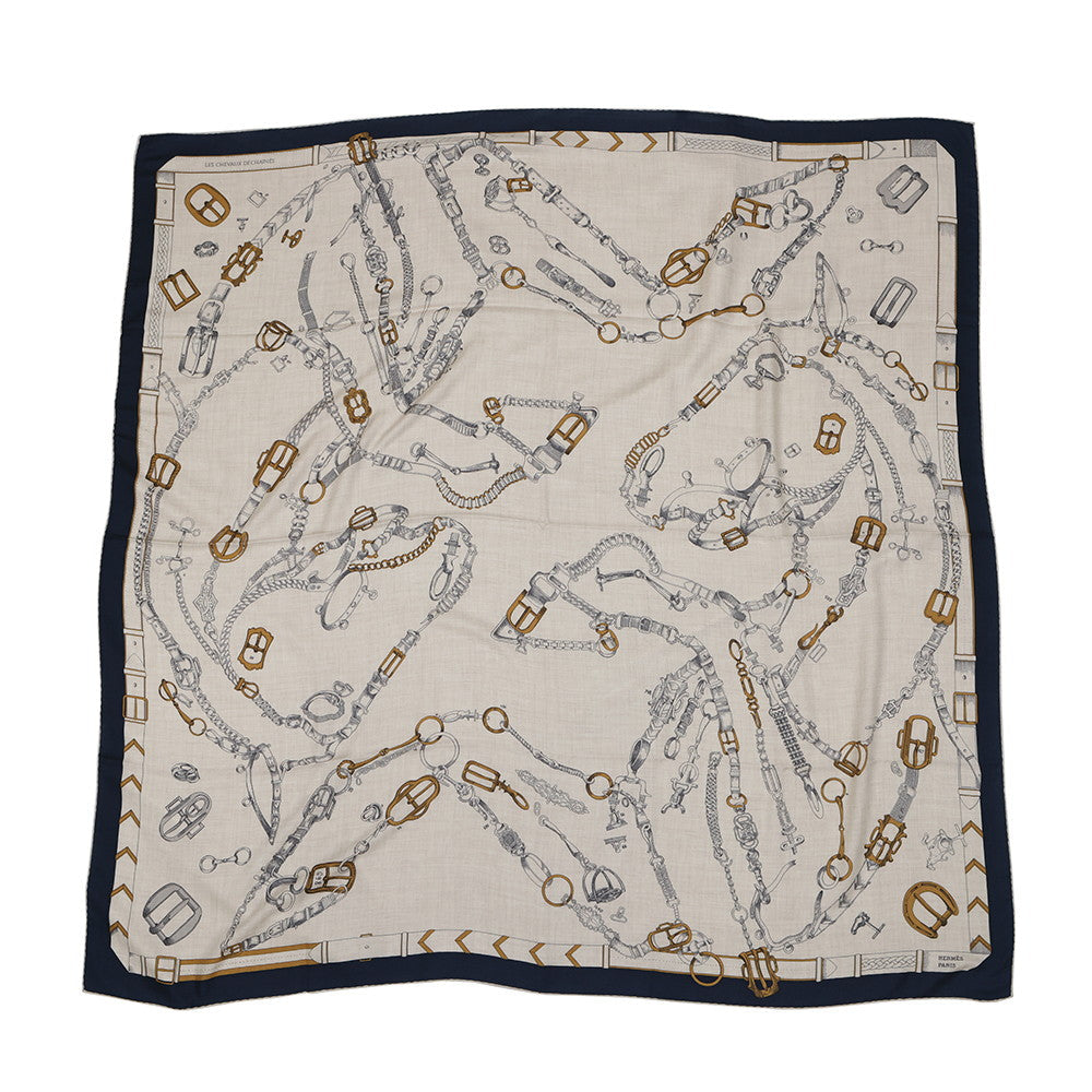 HERMES Giant Square LES CHEVAUX DECHAINES Spring/Summer 2024 Size 140 Marine/Natural/Gris Cashmere70% Silk30%