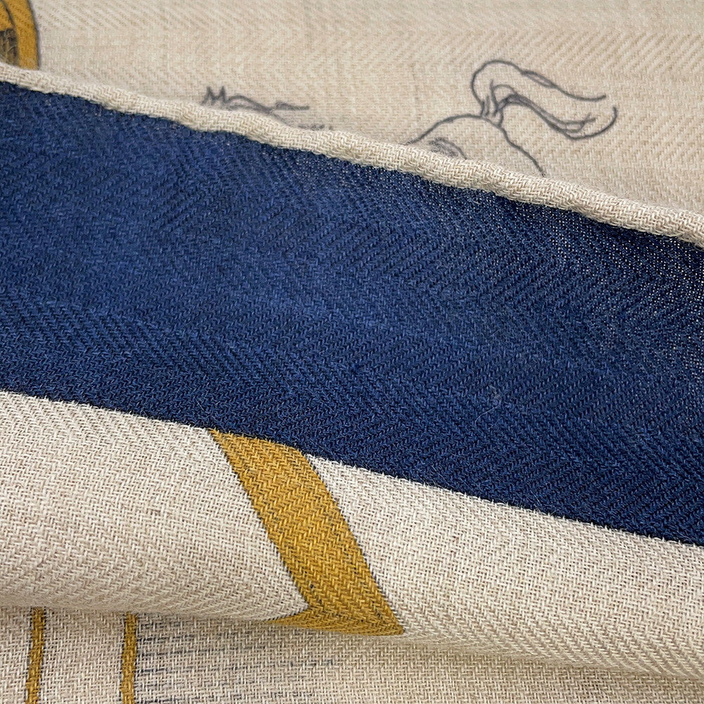 HERMES Giant Square LES CHEVAUX DECHAINES Spring/Summer 2024 Size 140 Marine/Natural/Gris Cashmere70% Silk30%