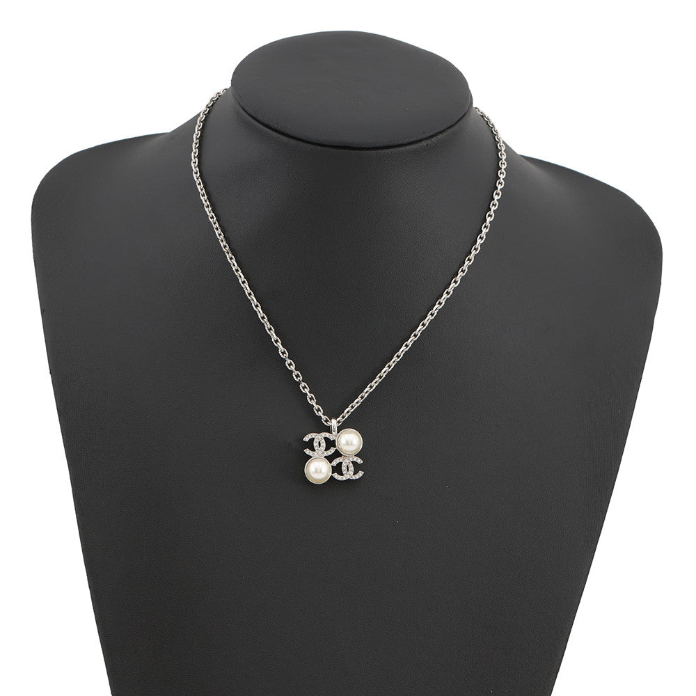 CHANEL CC Logo Rhinestone Faux Pearl Necklace SilverABF723 B20573 U0937 Metal Rhinestone Faux Pearl