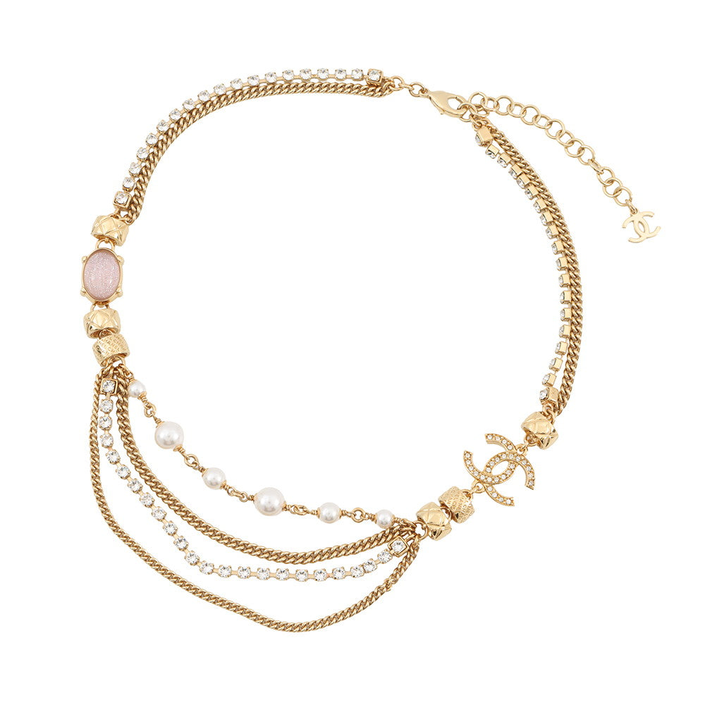 CHANEL CC Logo Stone Crush Chain Logo Necklace Gold Gold Plated Rhinestone Faux Pearl