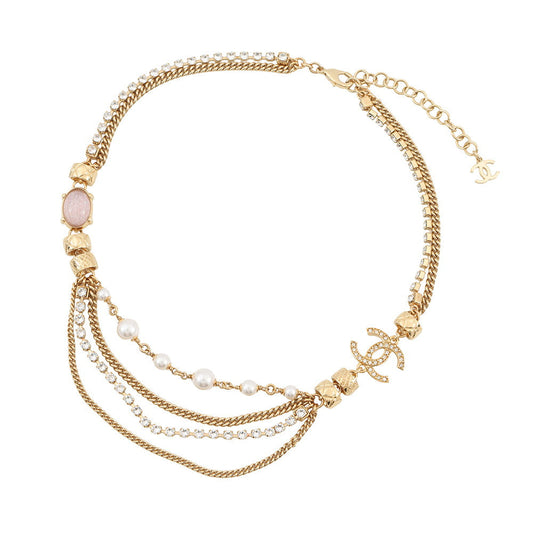 CHANEL CC Logo Stone Crush Chain Logo Necklace Gold Gold Plated Rhinestone Faux Pearl