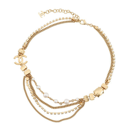 CHANEL CC Logo Stone Crush Chain Logo Necklace Gold Gold Plated Rhinestone Faux Pearl