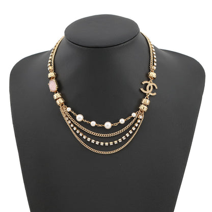 CHANEL CC Logo Stone Crush Chain Logo Necklace Gold Gold Plated Rhinestone Faux Pearl
