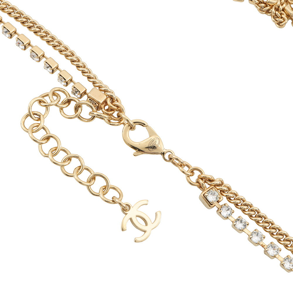 CHANEL CC Logo Stone Crush Chain Logo Necklace Gold Gold Plated Rhinestone Faux Pearl