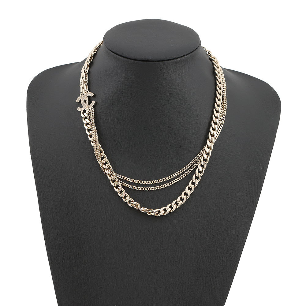 CHANEL CC Logo Chain Necklace Gold Plated Rhinestone