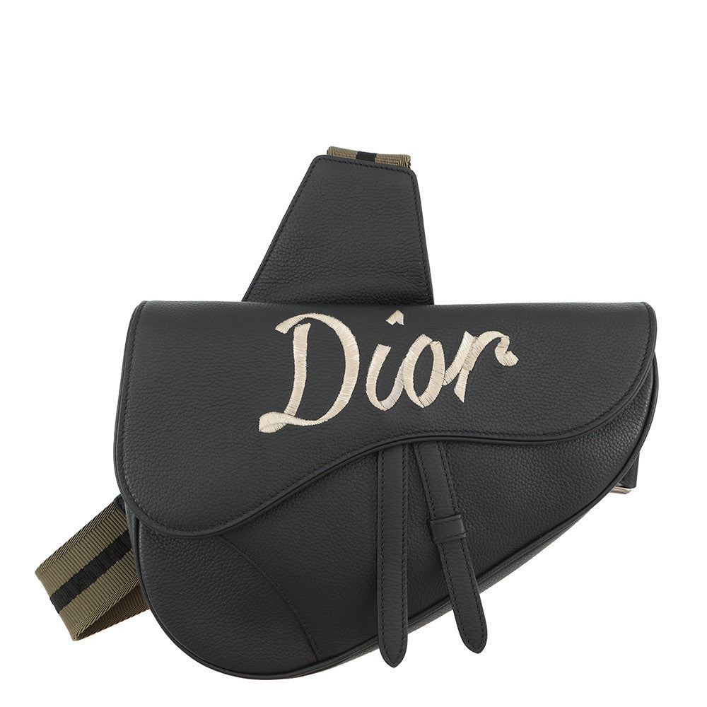 Dior Embroidered Logo Saddlebag Black Leather