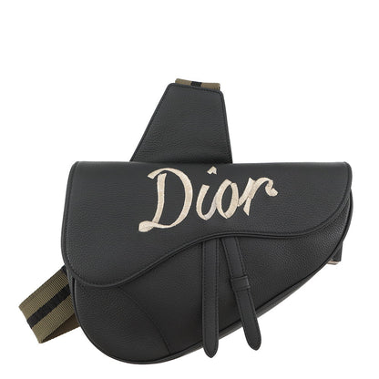 Dior Embroidered Logo Saddlebag Black Leather