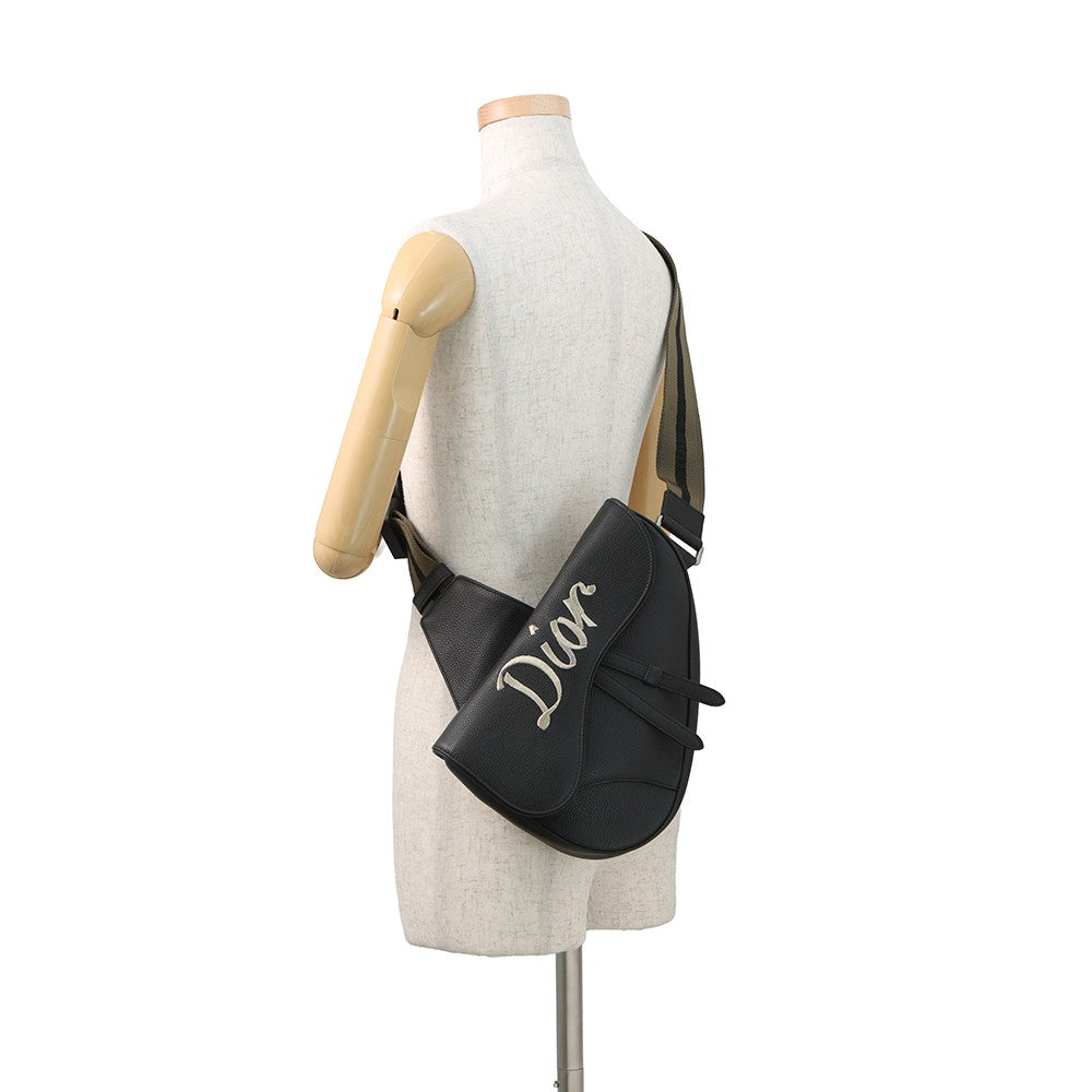Dior Embroidered Logo Saddlebag Black Leather